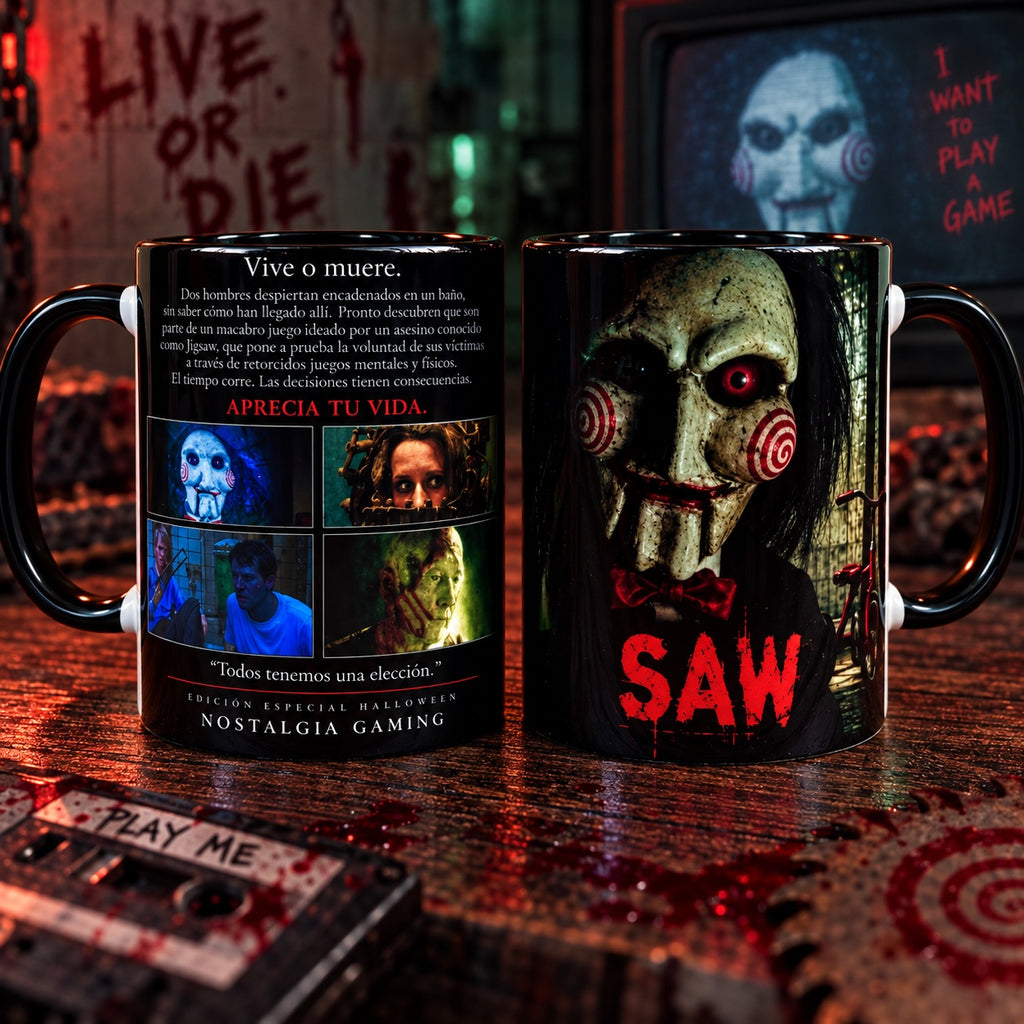 Taza Saw, vista principal con ambas caras